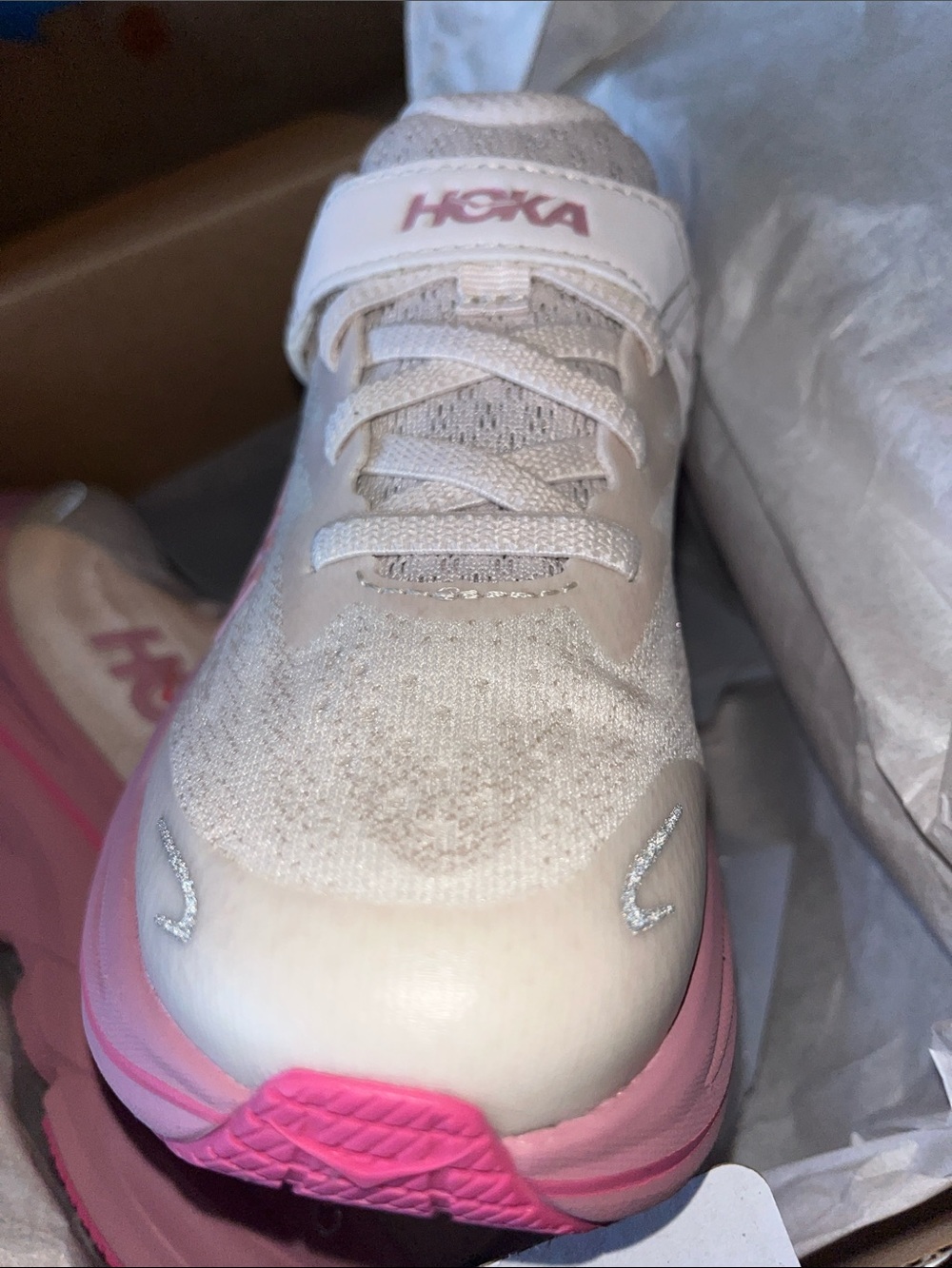 Hoka Kids White and Pink Hook-and-Loop Athletic Sneakers - Picture 8 of 11